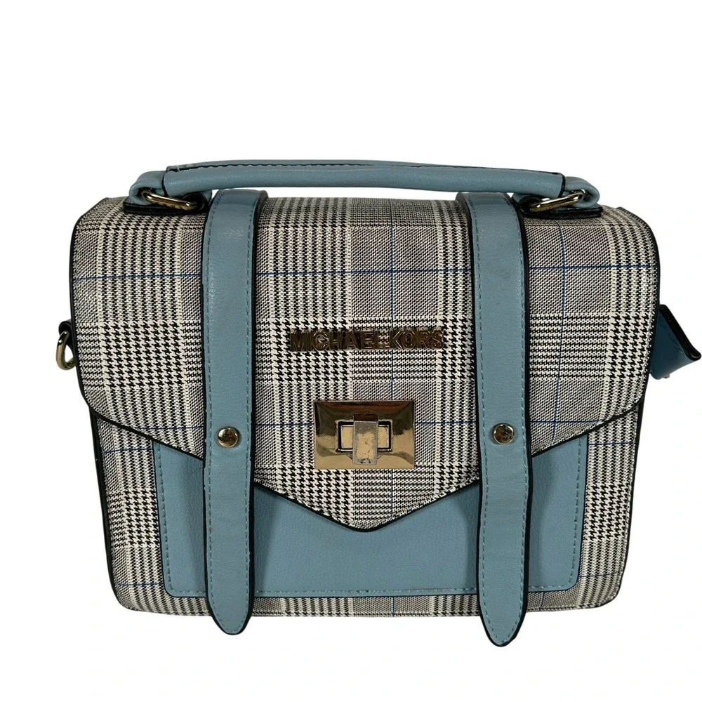 Michael Kors Glen Plaid Satchel Crossbody Bag Light Blue Gold W/Handle & Strap